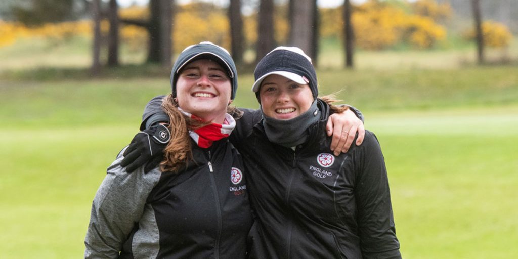 Lily May Humphreys (left) and Georgina Blackman teamed up to win the opening foursomes match against Spain at a windswept Formby. 