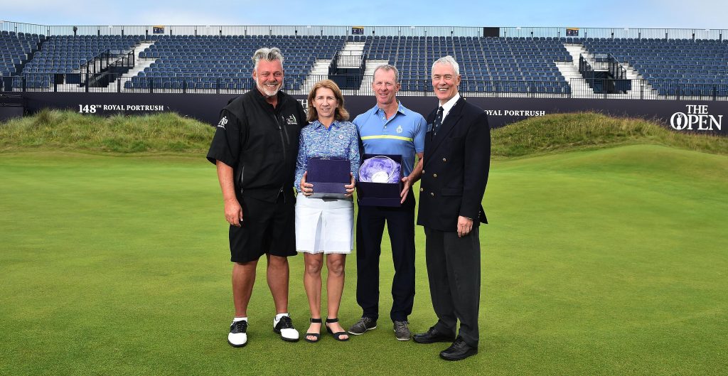 R&A 9 Hole Challenge winners Siobhan McHugh and Robert Kennedy from Royal Portrush with Darren Clarke