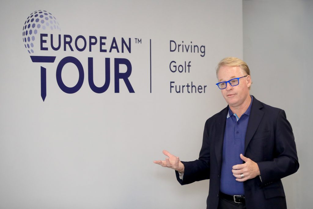 European Tour chief executive Keith Pelley unveiling its new brand identity at Wentworrth