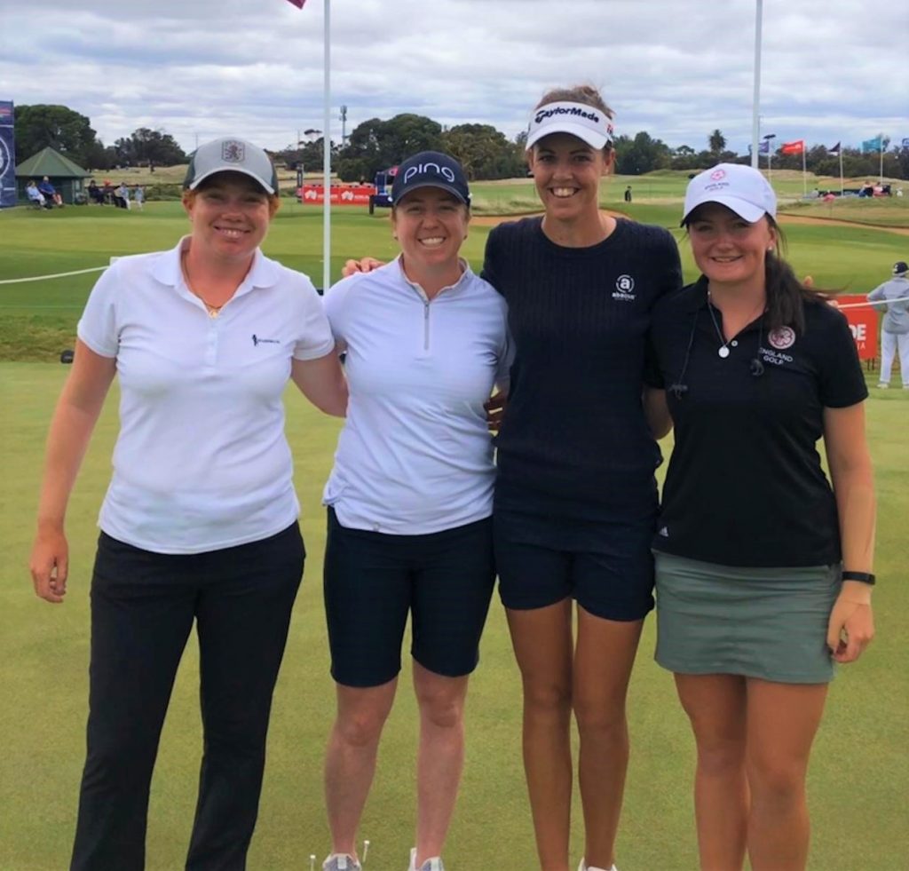 England players Felicity Johnson, Hannah Burke, Meghan MacLaren and Charlotte Heath on the practice ground at the 2020 Vic Open