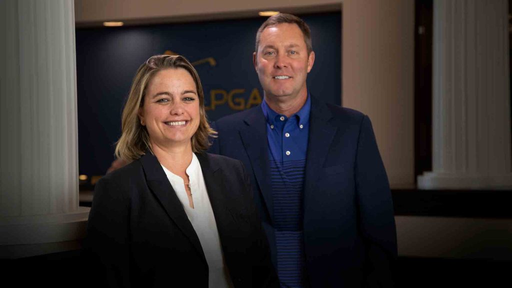 LET chief executive Alexandra Armas (left) with LPGA commissioner Mike Whan