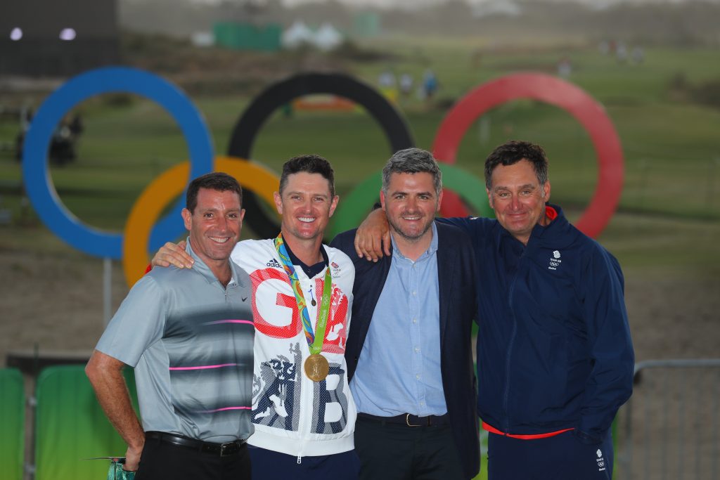 Gold medallist Justin Rose with his support team at the 2016 Rio Olympics