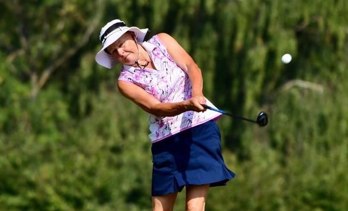 Minchinhampton Golf Club’s Jane Rees playing in the second round of the 2020 English Senior Women’s Strokeplay Chamionship at Frilford Heath