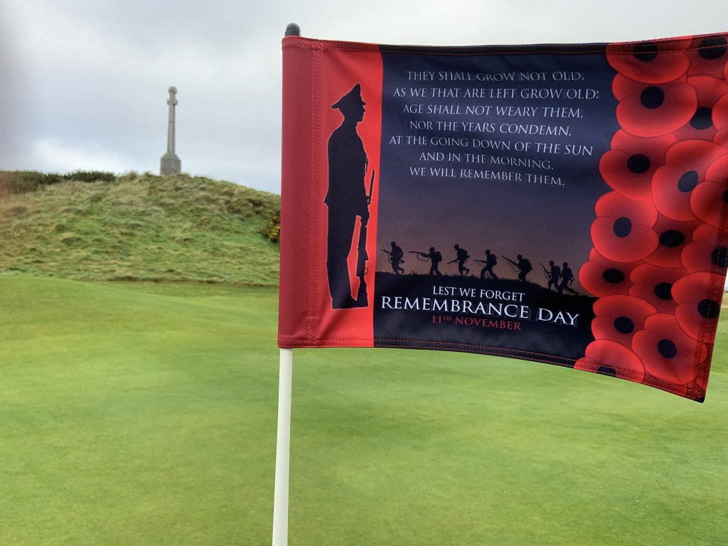 The special Remembrance Day flag flying on the 12th hole close to the RAF Memorial at Turnberry 