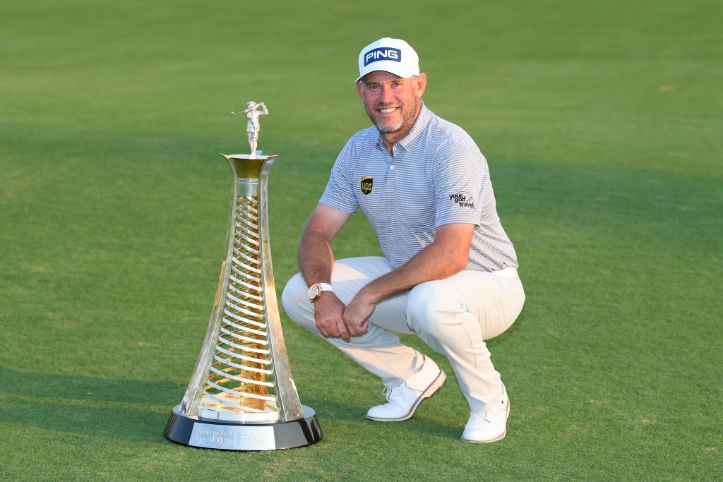 Lee Westwood with the Harry Vardon Trophy after winning the 2020 Race to Dubai